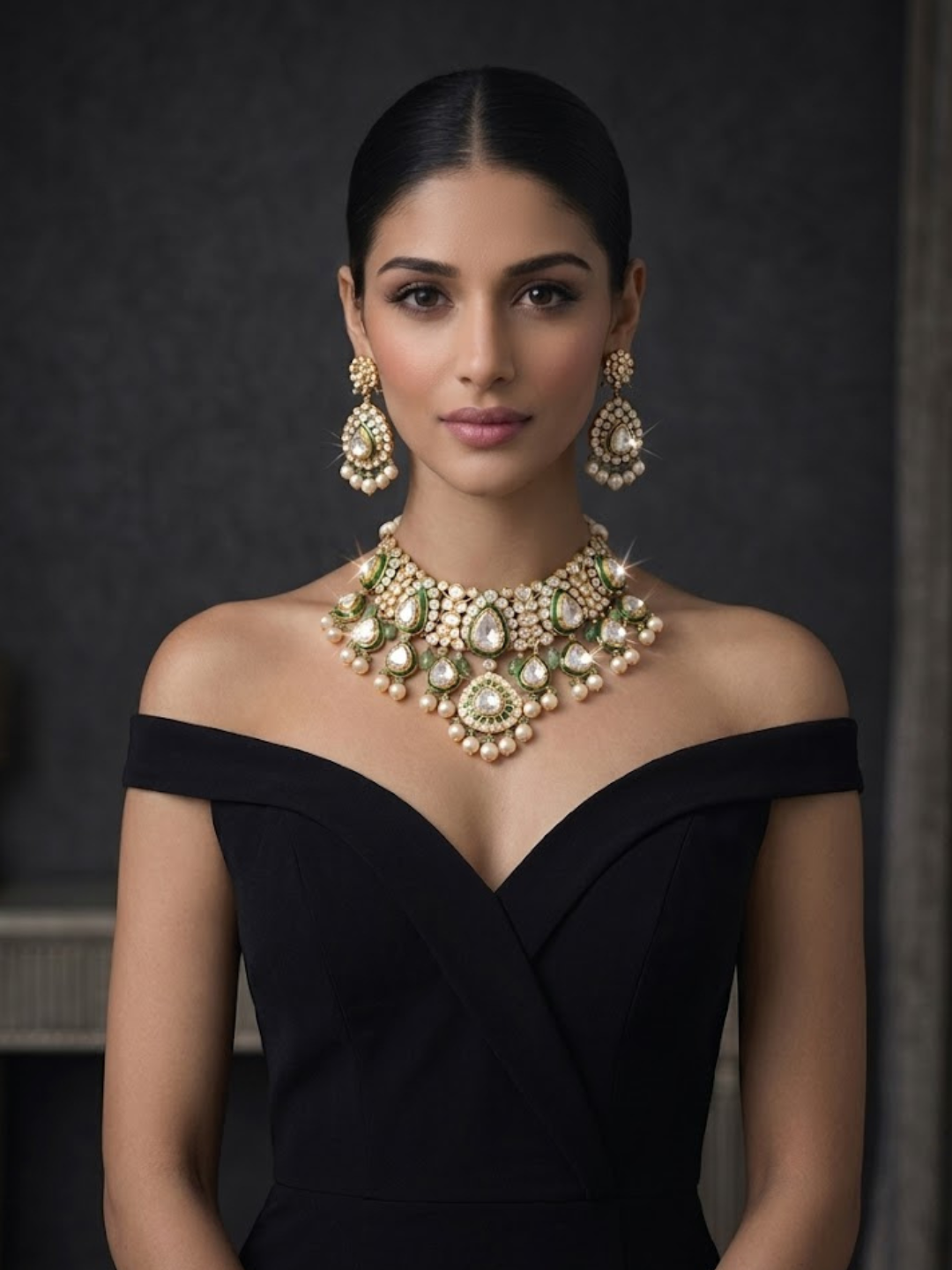Emerald Polki Diamond Necklace Set